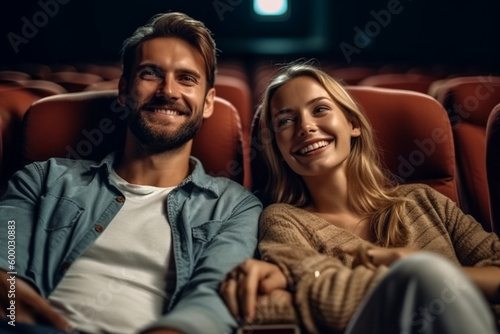 young adult woman and man in the cinema or theater or opera, in an armchair, happy beaming, good entertainment, free time and weekend. Generative AI