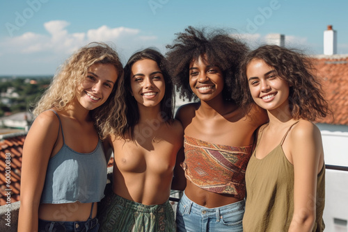 group of young adult women go on a trip together, vantage point over an old town, fictitious place. Generative AI photo