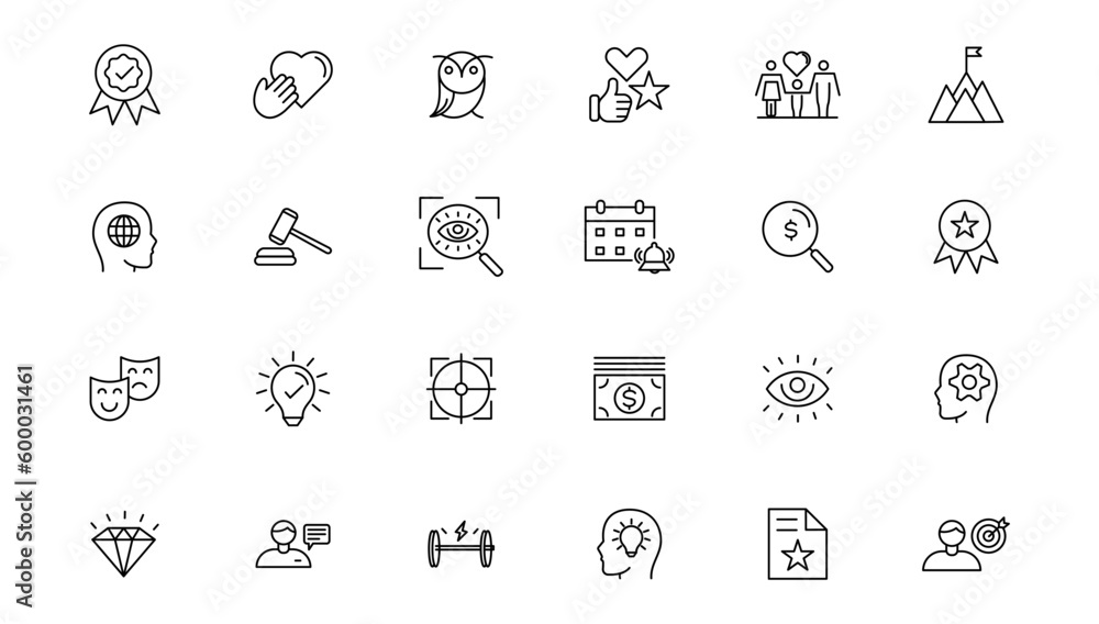 Set of icons core values.Vector images with editable stroke. Includes such qualities as performance, passion, diversity, exceptional, innovative, accountability, will to win, empathy, open-minded.