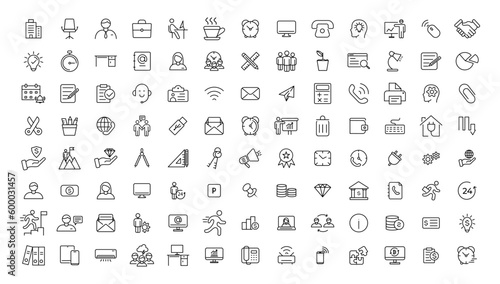 Office icon set. Containing briefcase, desk, computer, meeting, employee, schedule and co-worker symbol. Solid workspace icons vector collection.