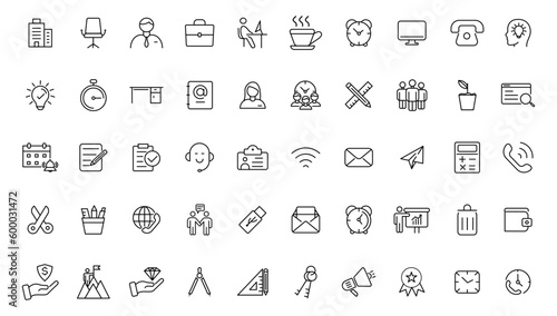 Office icon set. Containing briefcase  desk  computer  meeting  employee  schedule and co-worker symbol. Solid workspace icons vector collection.