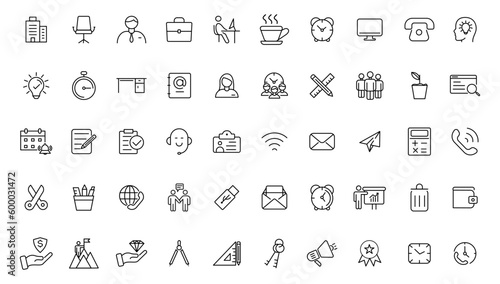 Office icon set. Containing briefcase, desk, computer, meeting, employee, schedule and co-worker symbol. Solid workspace icons vector collection.