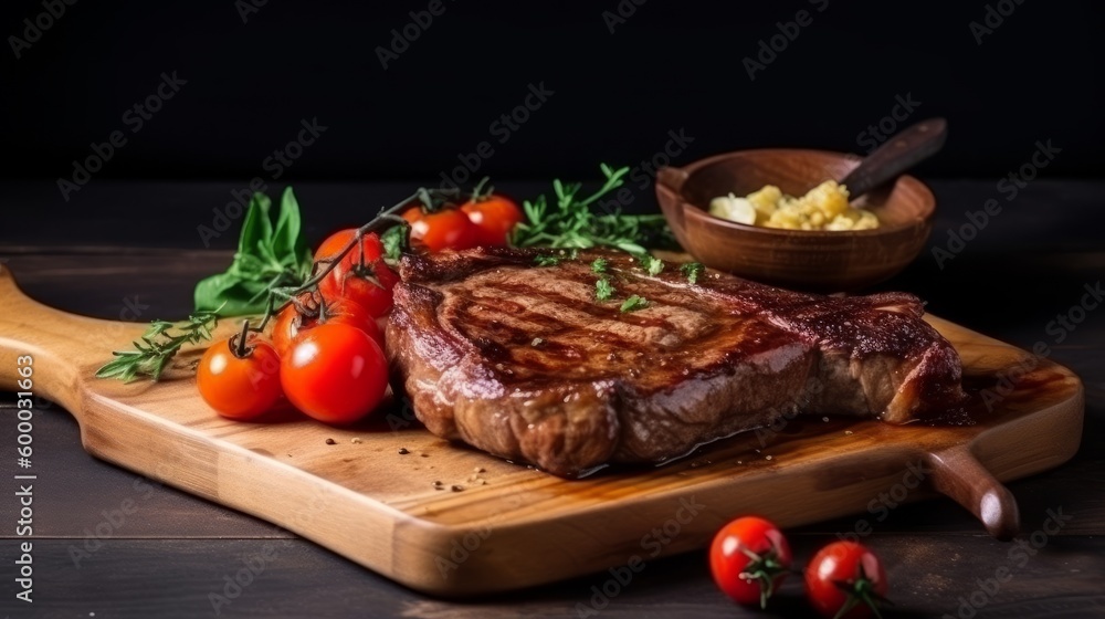 Juicy Ribeye Steak with Potatoes, Onions, and Cherry Tomatoes Topped with Flavored Butter - Generative AI Juicy Ribeye Steak with Potatoes, Onions, and Cherry Tomatoes Topped with Flavored Butter - Generative AI