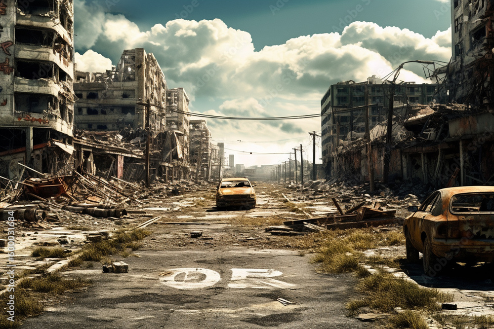 Post apocalyptic city background. Destroyed buildings, cracked road