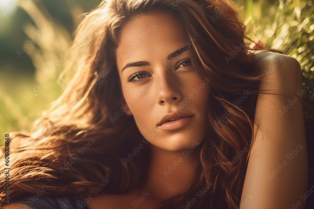 Fototapeta premium relaxation, beautiful brunette woman relaxing, summer day Generative AI