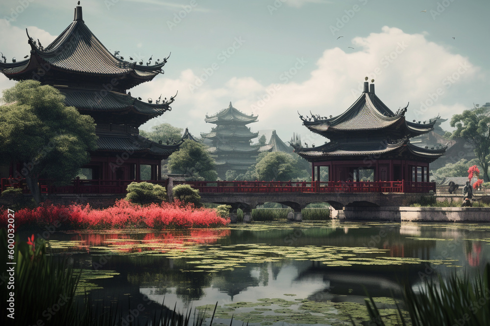 © wetzkaz - chinese temple viewpoint by the lake, fictional scene. Generative AI