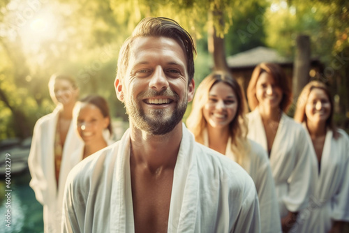 Group or team of young adults, spa or villa with swimming pool, wear bathrobes, tropical vacation destination, travel with friends or business trip. Generative AI