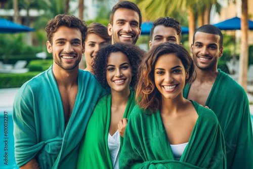 Group or team of young adults, spa or villa with swimming pool, wear bathrobes, tropical vacation destination, travel with friends or business trip. Generative AI