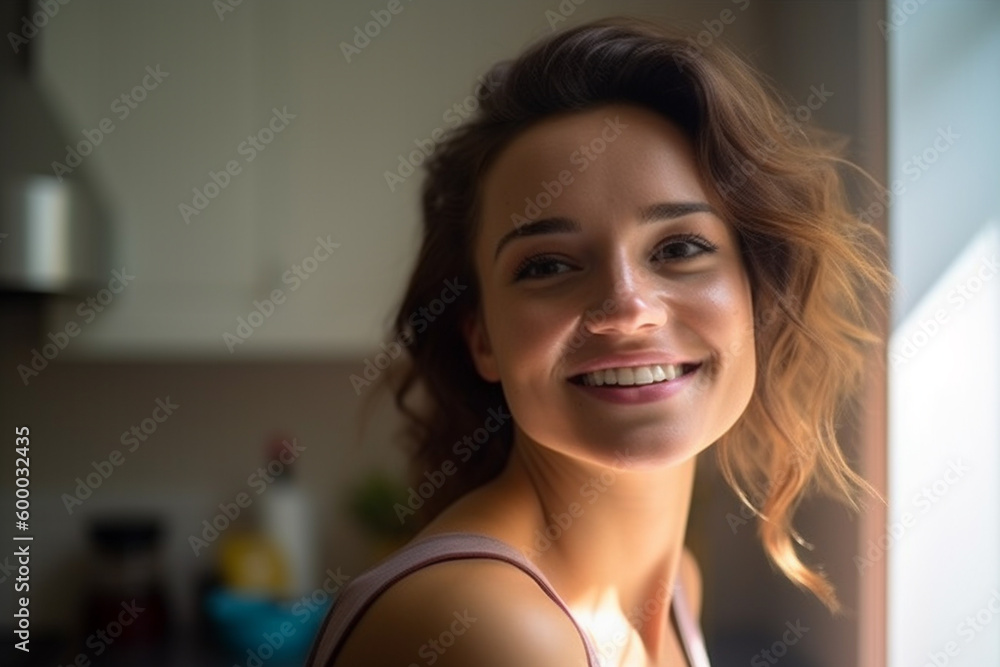 Young adult woman is relaxed and joyful happy, smiling dreamily. Generative AI