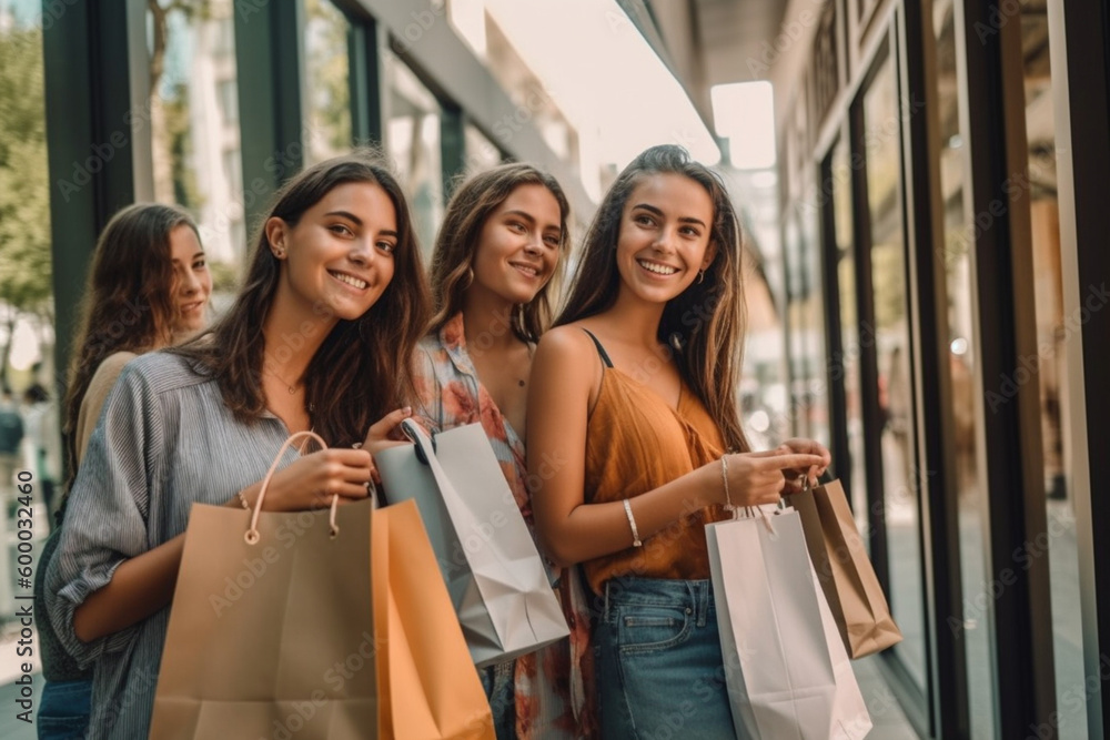 a group of girlfriends, young adult women with shopping bags, shopping bags full of purchases after a shopping tour in a city, fictional place. Generative AI a group of girlfriends, young adult women with shopping bags, shopping bags full of purchases after a shopping tour in a city, fictional place. Generative AI
