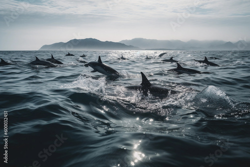 dolphin pack, swimming, jumping, ocean, generative AI