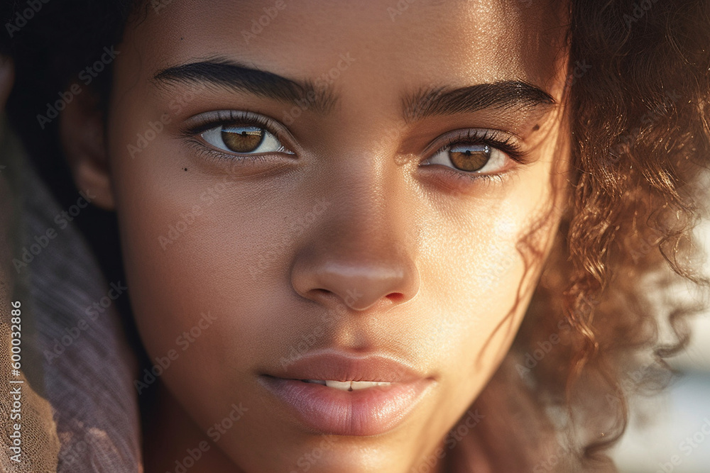 closeup portrait of young adult woman with dark tanned skin and curly hair, attractive face, mouth slightly open, teeth, sunbeams in background from behind, pretty face. Generative AI closeup portrait of young adult woman with dark tanned skin and curly hair, attractive face, mouth slightly open, teeth, sunbeams in background from behind, pretty face. Generative AI