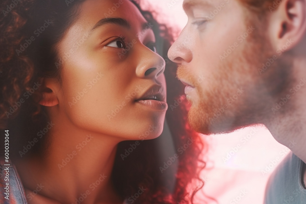 Naklejka premium love between young adult man and woman, tanned dark skin with curly hair woman and white caucasian with red hair man, kissing kiss. Generative AI