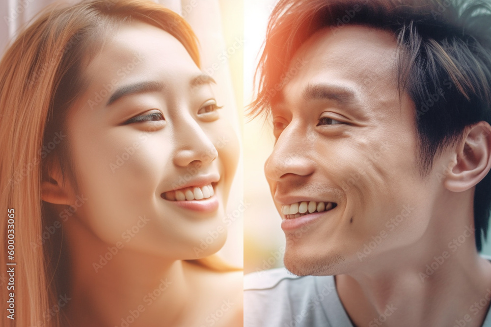 Adult young people, man and woman, leaning head to head, in bed. Generative AI Adult young people, man and woman, leaning head to head, in bed. Generative AI