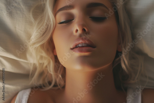 young adult caucasian woman sleeps, with her head on the pillow, in the morning, first rays of sun shine on her face. Generative AI