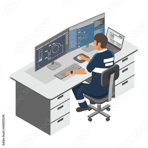 Machine Manufacturing and Engineering designer working with cad software multi monitor inside Industrial worker factory concept isometric isolated cartoon vector