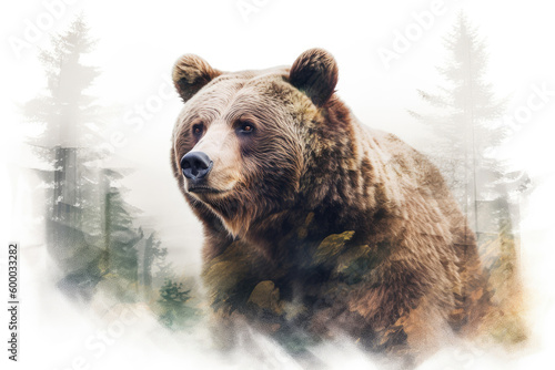 Double exposure - close-up of a bear and forest, Generative AI