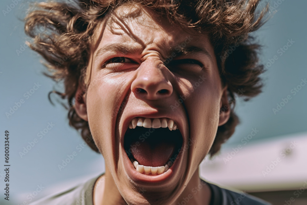 man with mouth wide open, opened mouth, yelling be surprised or scared, fictional reason. Generative AI man with mouth wide open, opened mouth, yelling be surprised or scared, fictional reason. Generative AI