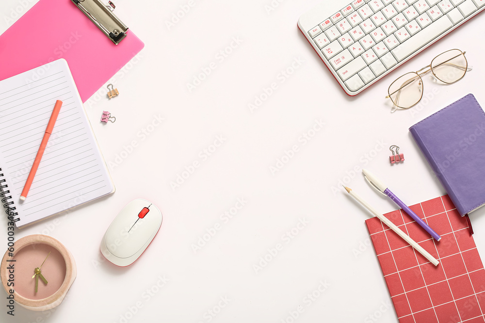 Composition with glasses, keyboard, mouse and stationery on white background Composition with glasses, keyboard, mouse and stationery on white background
