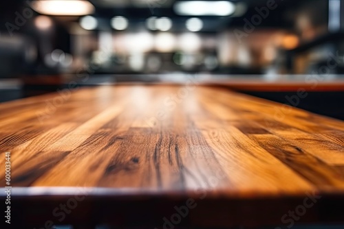 close-up view of a rustic wooden table with a blurred background Generative AI