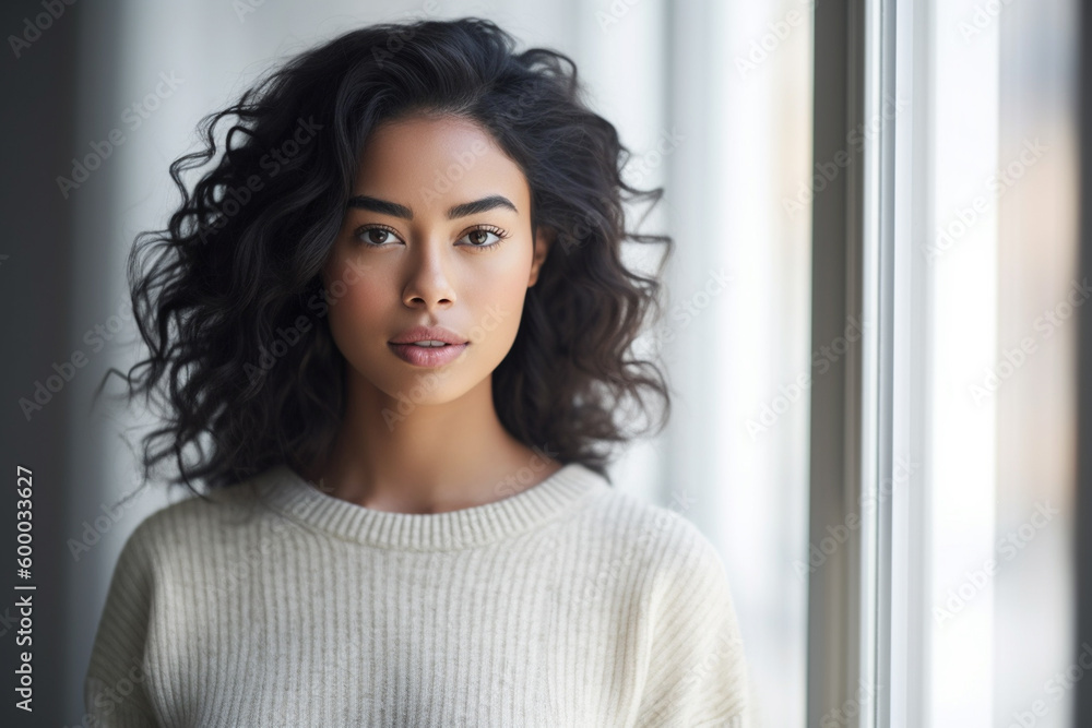 a young attractive woman with direct eye contact, middle-dark skin, black hair, Indonesian African Asian woman, at home or office white indoor with big window daylight background. Generative AI a young attractive woman with direct eye contact, middle-dark skin, black hair, Indonesian African Asian woman, at home or office white indoor with big window daylight background. Generative AI