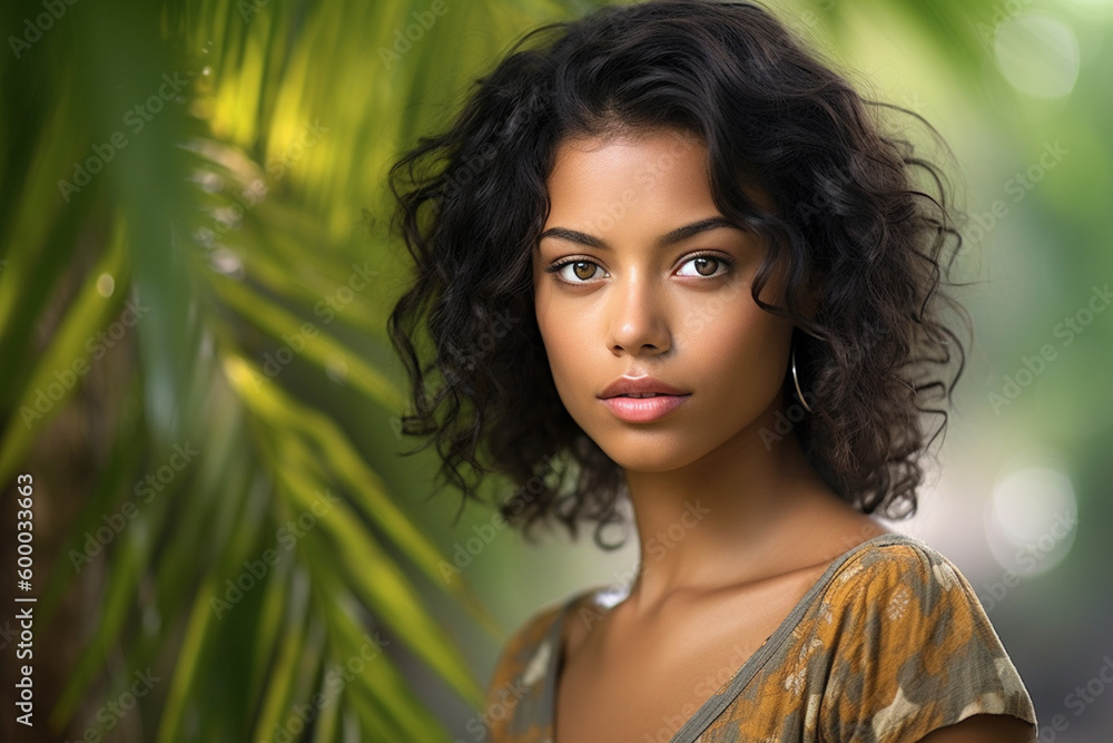 a young attractive woman with direct eye contact, middle-dark skin, black hair, Indonesian African Asian woman , summer day. Generative AI a young attractive woman with direct eye contact, middle-dark skin, black hair, Indonesian African Asian woman , summer day. Generative AI