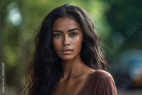 a young attractive woman with direct eye contact, middle-dark skin, black hair, Indonesian African Asian woman , summer day. Generative AI