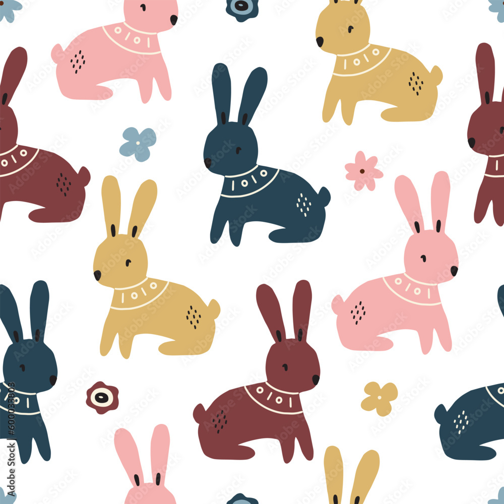seamless childish pattern with cute hares on a white background. Vector illustration in scandinavian style for children's and textile decoration seamless childish pattern with cute hares on a white background. Vector illustration in scandinavian style for children's and textile decoration
