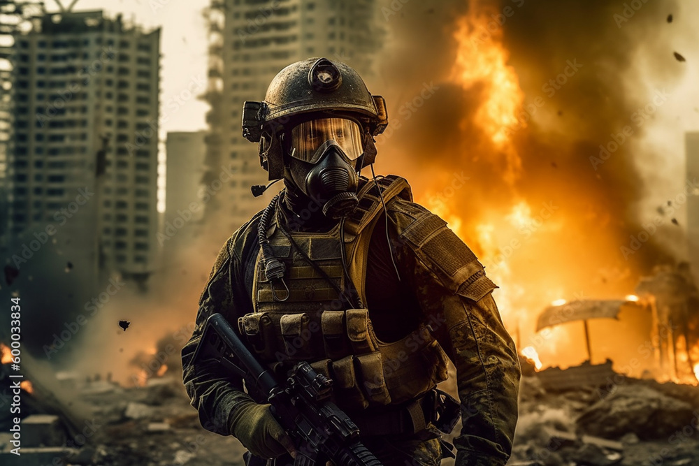 a soldier with a helmet and a gun in a city, a war zone with fire or explosion and wrecked car next to buildings in the smoke, destroyed cityscape. Generative AI