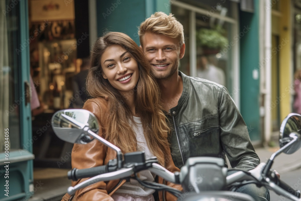 young attractive woman and man couple on motorbike scooter with boyfriend , tropical palm side street with local street food vendors. Generative AI young attractive woman and man couple on motorbike scooter with boyfriend , tropical palm side street with local street food vendors. Generative AI
