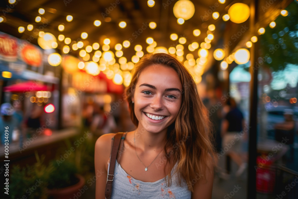 young adult woman is out and about, city or party or restaurant in the evening or at night. Generative AI young adult woman is out and about, city or party or restaurant in the evening or at night. Generative AI