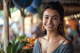 young adult woman or teenager at local food market, fictional tropical location. Generative AI