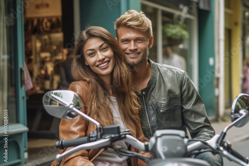 young attractive woman and man couple on motorbike scooter with boyfriend , tropical palm side street with local street food vendors. Generative AI © wetzkaz