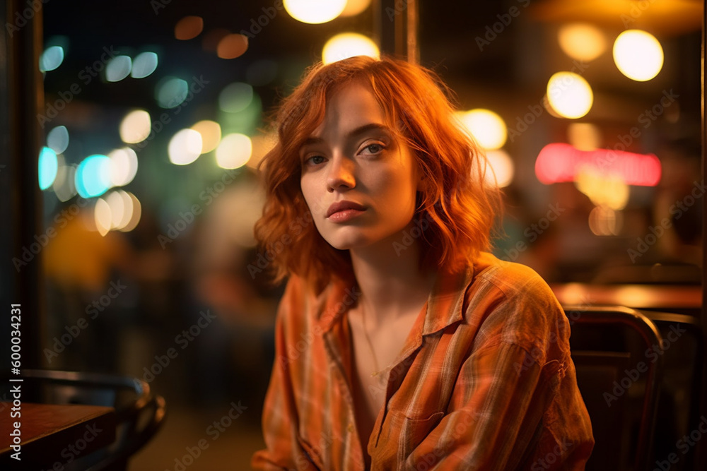 a young adult female or teenager outside in a cafe or bar, alone, gloomy or introverted or sad alone, fictional location. Generative AI