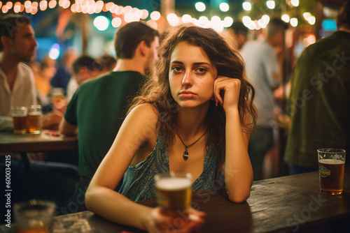 a young adult female or teenager outside in a cafe or bar, alone, gloomy or introverted or sad alone, fictional location. Generative AI