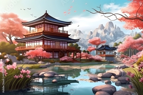 Beautiful scenery of nature for landscape background.. Japanese style and environment. Created with Generative AI technology.