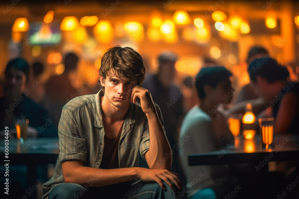a sad young adult man is out and about, city or party or restaurant in the evening or at night, crowd of drunk people around and in the background. Generative AI