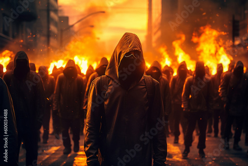 a fire burns in a big city surrounded by hooded males, men as aggressors or looters or violent rioters . Generative AI photo