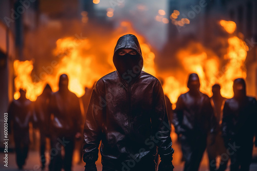a fire burns in a big city surrounded by hooded males, men as aggressors or looters or violent rioters . Generative AI