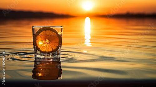 Glass in the water, vaso, whisky,  beer, alcohol, sunset, river, sea, ocean, hollydays, happy, reset, stres, 2k, orange, fruit photo