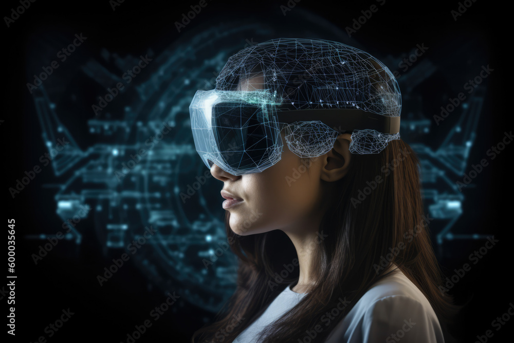 Office worker woman in vr helmet. Female using Virtual reality display in office tasks generative ai. Office worker woman in vr helmet. Female using Virtual reality display in office tasks generative ai.