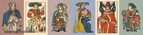 Medieval characters. Vector illustration. Set of four vintage illustrations.