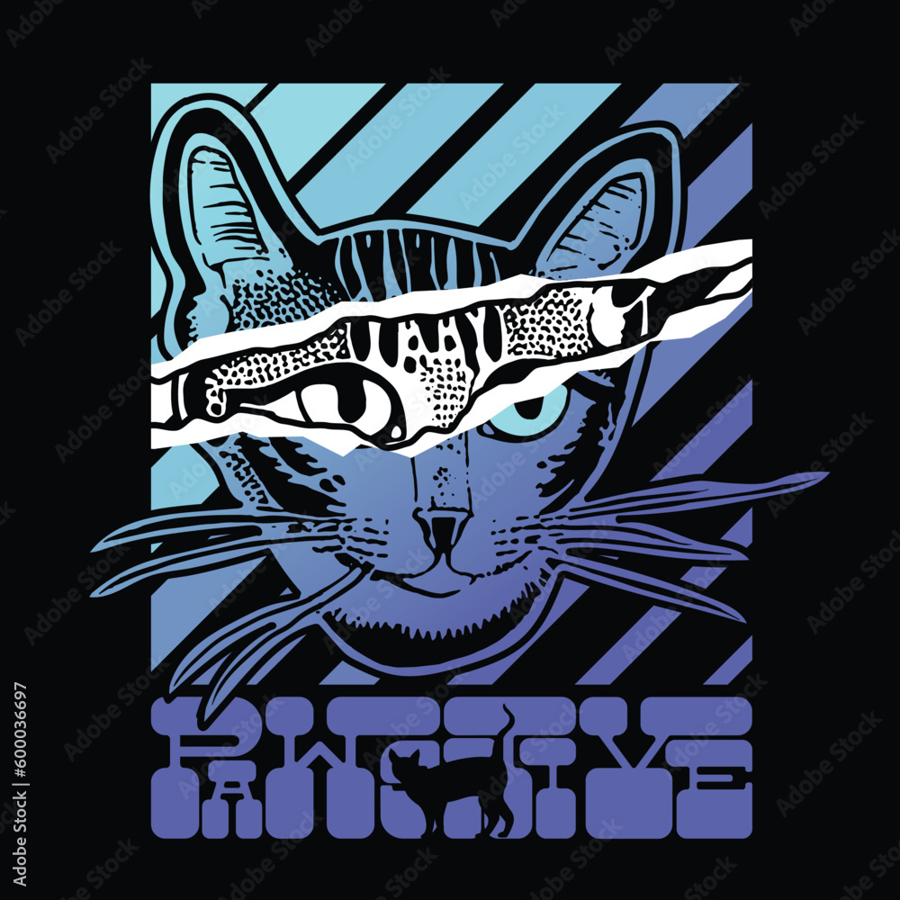 Graphic t-shirt, with slogan, pawsitive. head cat illustration with abstract background, design for t-shirt, stylish print for streetwear, urban streetwear, isolated on black background