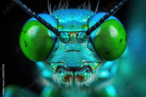 close-up view of a vibrant blue and green insect Generative AI