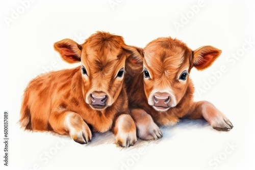 two cows lounging together on a blank background Generative AI