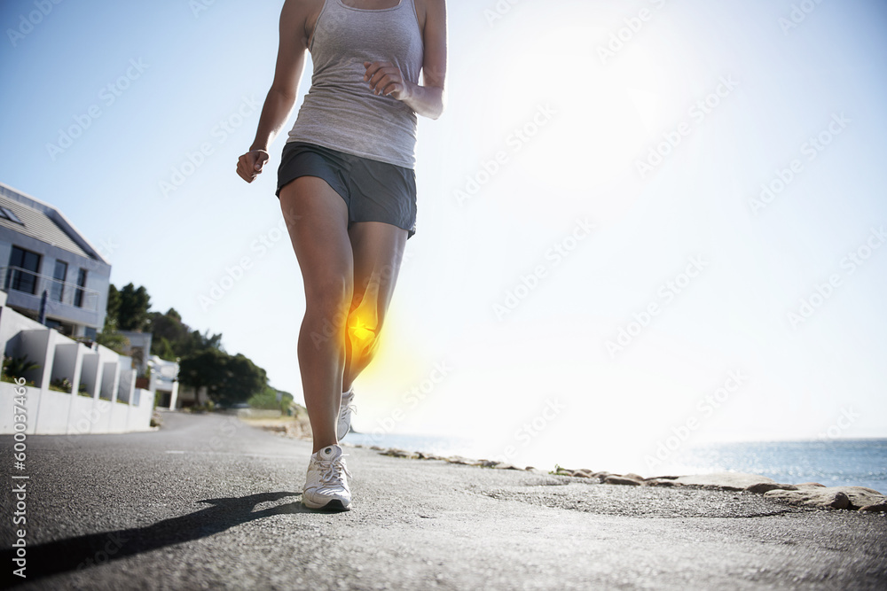 Woman, running and knee x ray for injury, workout or sport accident during exercise or run in the city. Female runner in body fitness with sore leg, ache or bone from exercising or training on road - obrazy, fototapety, plakaty 