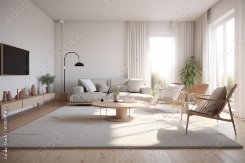 cozy living room with modern furniture and a large flat screen TV Generative AI