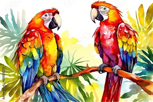two vibrant parrots perched on a branch in a tropical setting Generative AI © AkuAku