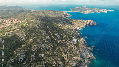 Santa Teresa Gallura is a town on the northern tip of Sardinia, Isola di Municca, Island Municca, in the province of Sassari, Italy. Fhotographed from the  top with a drone photo