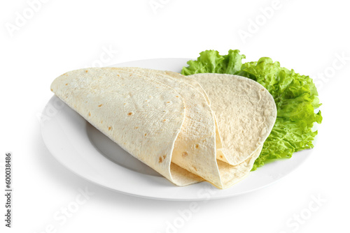 Plate with thin lavash and lettuce on white background